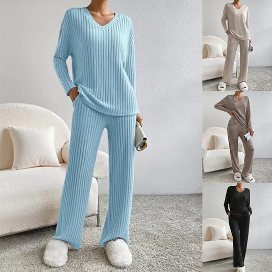 Fashion Straight Loose Temperament V-neck Sunken Stripe Knitting Suit